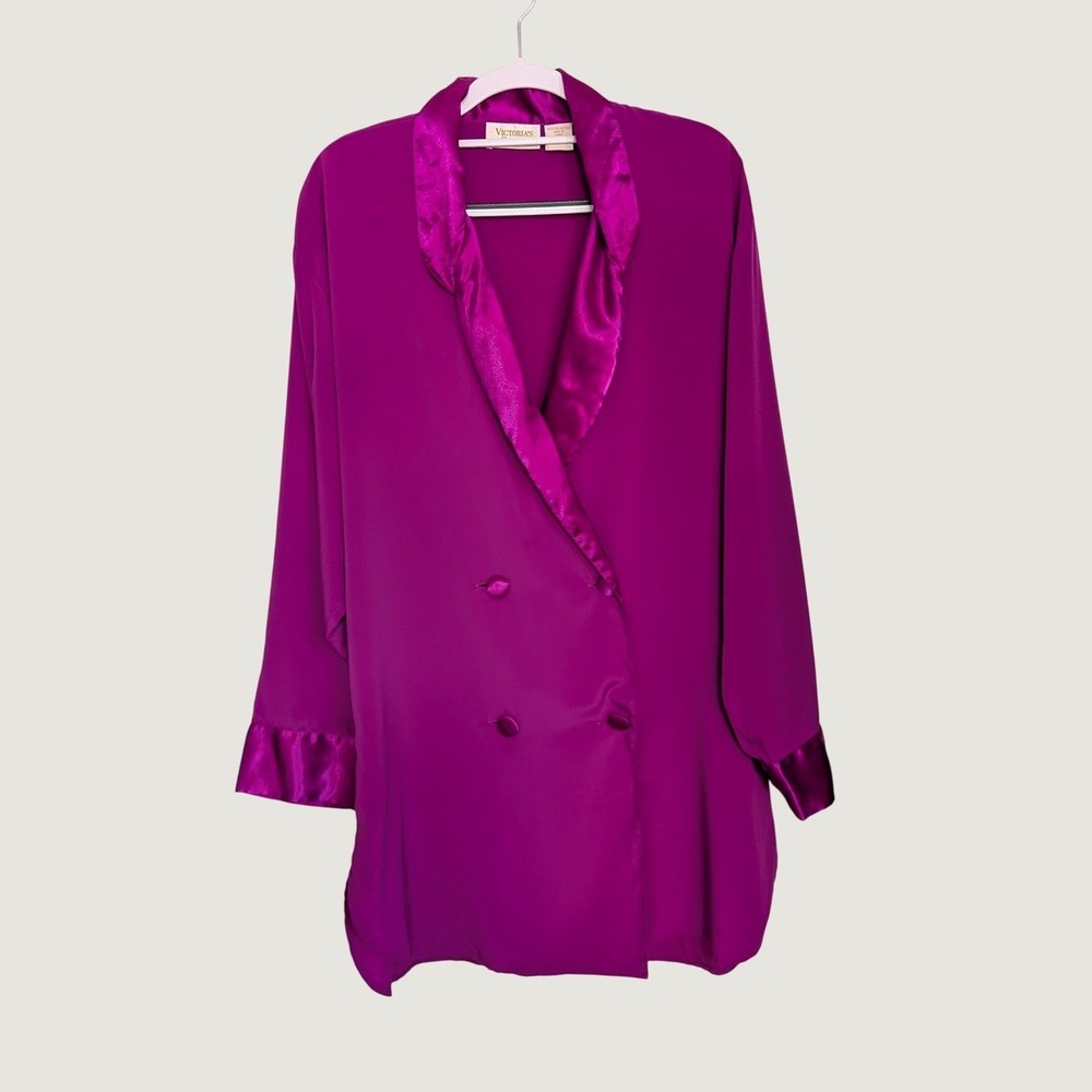 Vintage Victorias Secret Gold Label Magenta Satin Trim Double Breasted Robe M